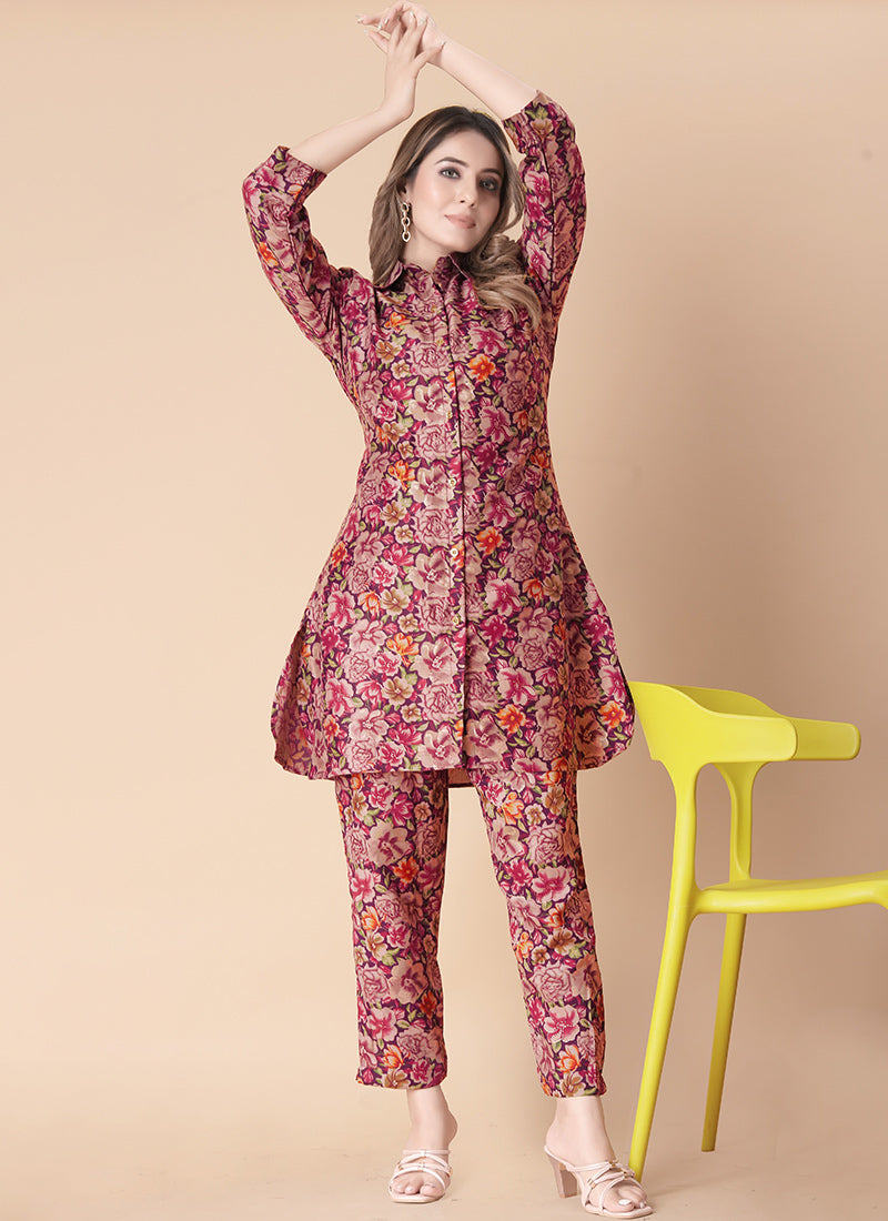 Adorable Maroon Floral Printed Cotton Cord Set