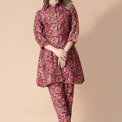Adorable Maroon Floral Printed Cotton Cord Set
