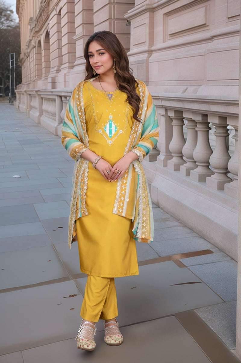 Embellished Embroidery Kurti-Pant-Dupatta Set– by QueenVastra