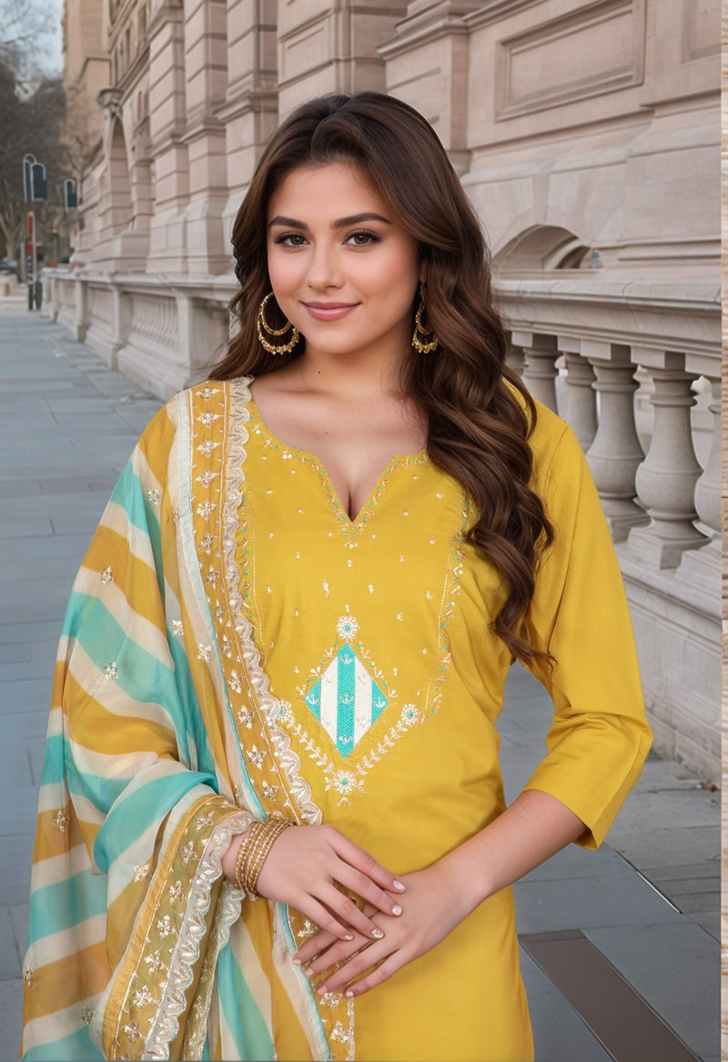 Embellished Embroidery Kurti-Pant-Dupatta Set– by QueenVastra