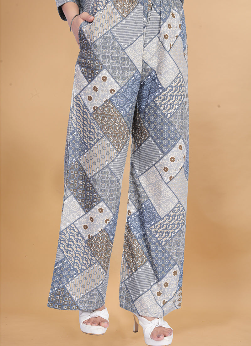 Grey Muslin Cotton Printed Casual Wear Cord Set