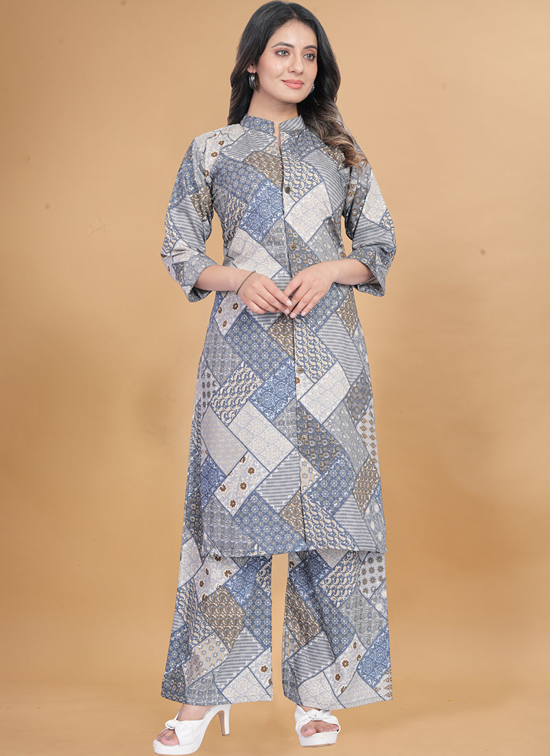 Grey Muslin Cotton Printed Casual Wear Cord Set