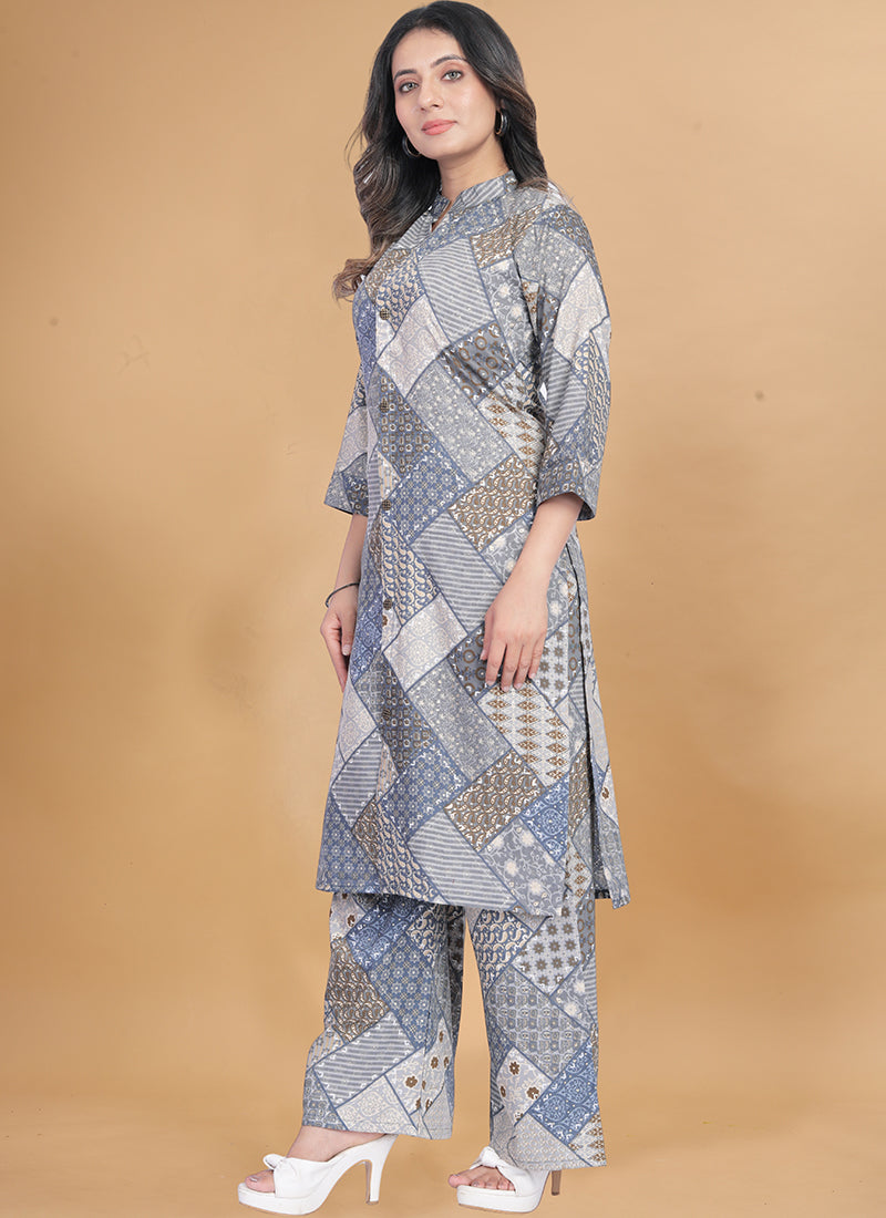 Grey Muslin Cotton Printed Casual Wear Cord Set