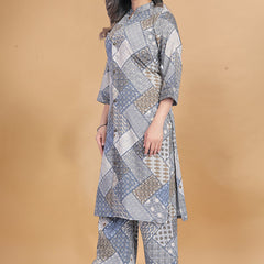 Grey Muslin Cotton Printed Casual Wear Cord Set