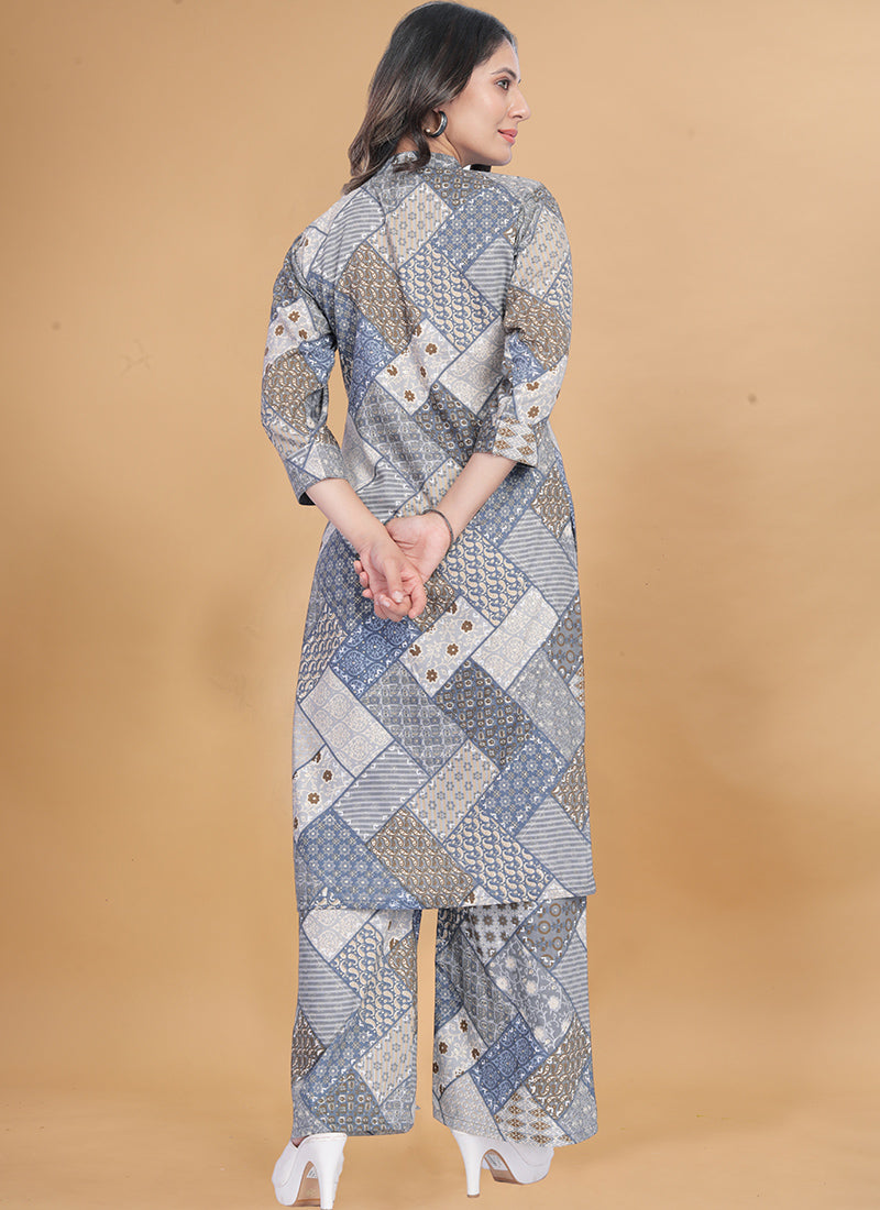 Grey Muslin Cotton Printed Casual Wear Cord Set