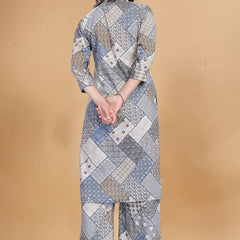 Grey Muslin Cotton Printed Casual Wear Cord Set