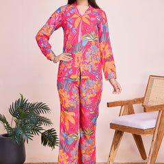 Lively Pink Floral Beach Wear Two Piece Cord Set