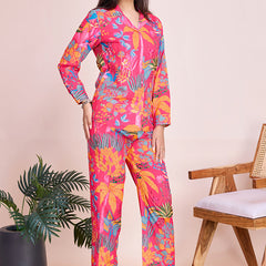 Lively Pink Floral Beach Wear Two Piece Cord Set