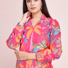 Lively Pink Floral Beach Wear Two Piece Cord Set