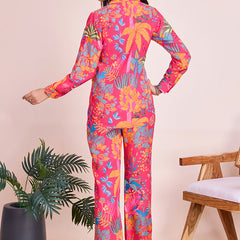 Lively Pink Floral Beach Wear Two Piece Cord Set