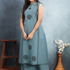 Silk Printed Round Neck Kurti With Pant Set