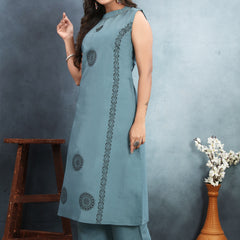 Silk Printed Round Neck Kurti With Pant Set