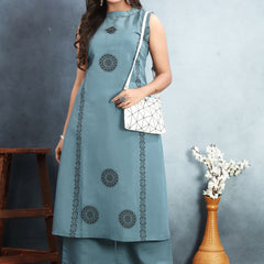 Silk Printed Round Neck Kurti With Pant Set