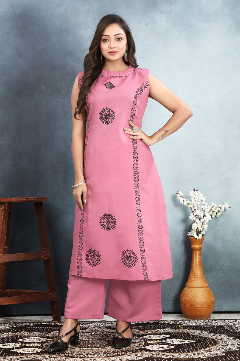 Silk Printed Round Neck Kurti With Pant Set