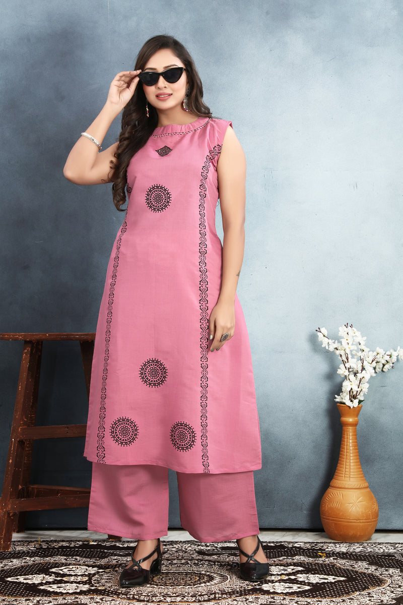 Silk Printed Round Neck Kurti With Pant Set