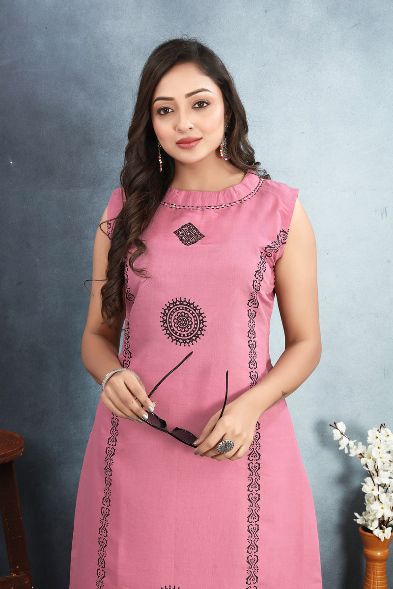 Silk Printed Round Neck Kurti With Pant Set