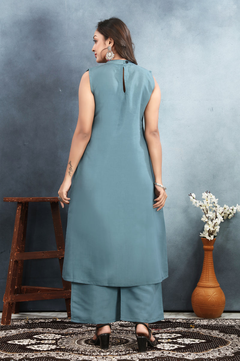 Silk Printed Round Neck Kurti With Pant Set