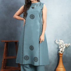 Silk Printed Round Neck Kurti With Pant Set