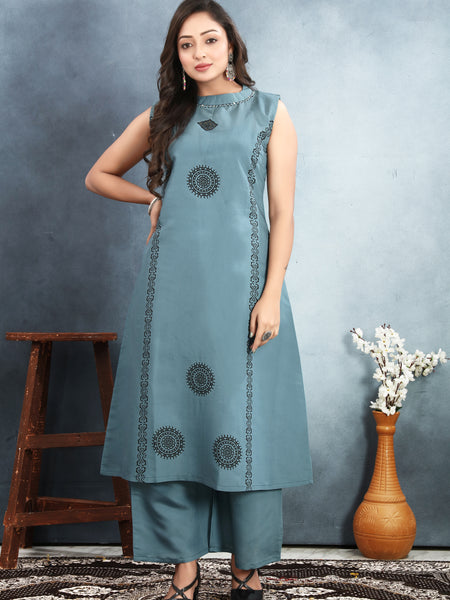 Silk Printed Round Neck Kurti With Pant Set