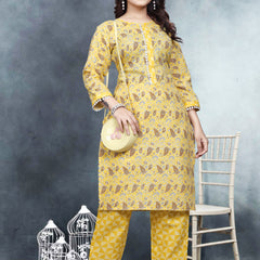 Women's Readymade Kurta & Pant Foil Print & Mirror Work Cotton Blend Kurta with Pant