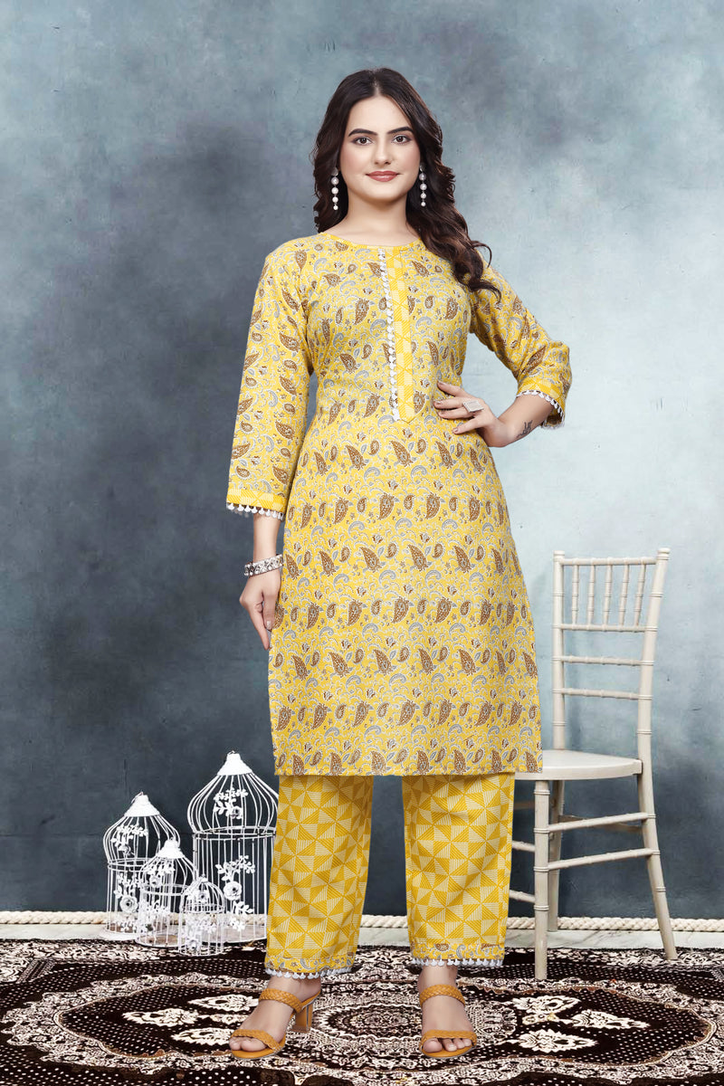 Women's Readymade Kurta & Pant Foil Print & Mirror Work Cotton Blend Kurta with Pant