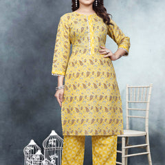 Women's Readymade Kurta & Pant Foil Print & Mirror Work Cotton Blend Kurta with Pant