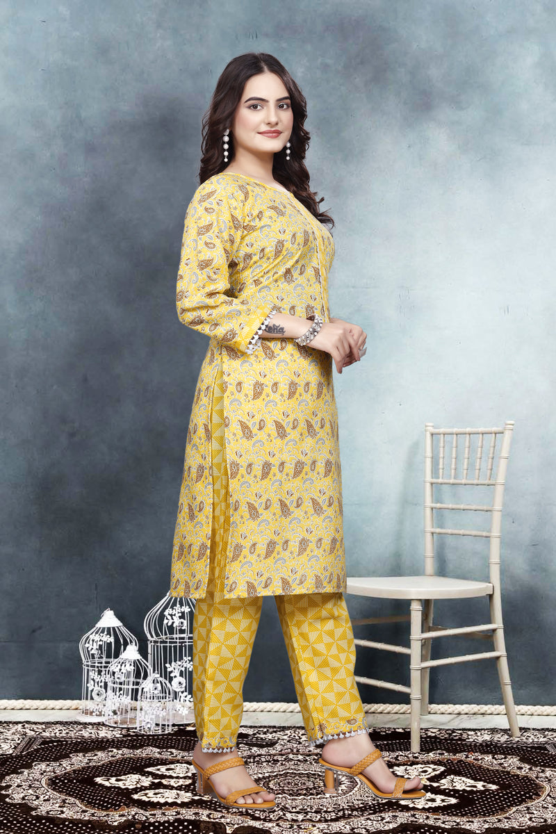 Women's Readymade Kurta & Pant Foil Print & Mirror Work Cotton Blend Kurta with Pant