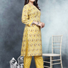 Women's Readymade Kurta & Pant Foil Print & Mirror Work Cotton Blend Kurta with Pant