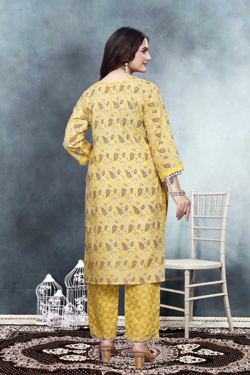 Women's Readymade Kurta & Pant Foil Print & Mirror Work Cotton Blend Kurta with Pant