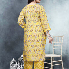 Women's Readymade Kurta & Pant Foil Print & Mirror Work Cotton Blend Kurta with Pant