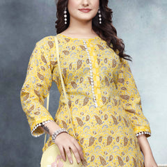 Women's Readymade Kurta & Pant Foil Print & Mirror Work Cotton Blend Kurta with Pant