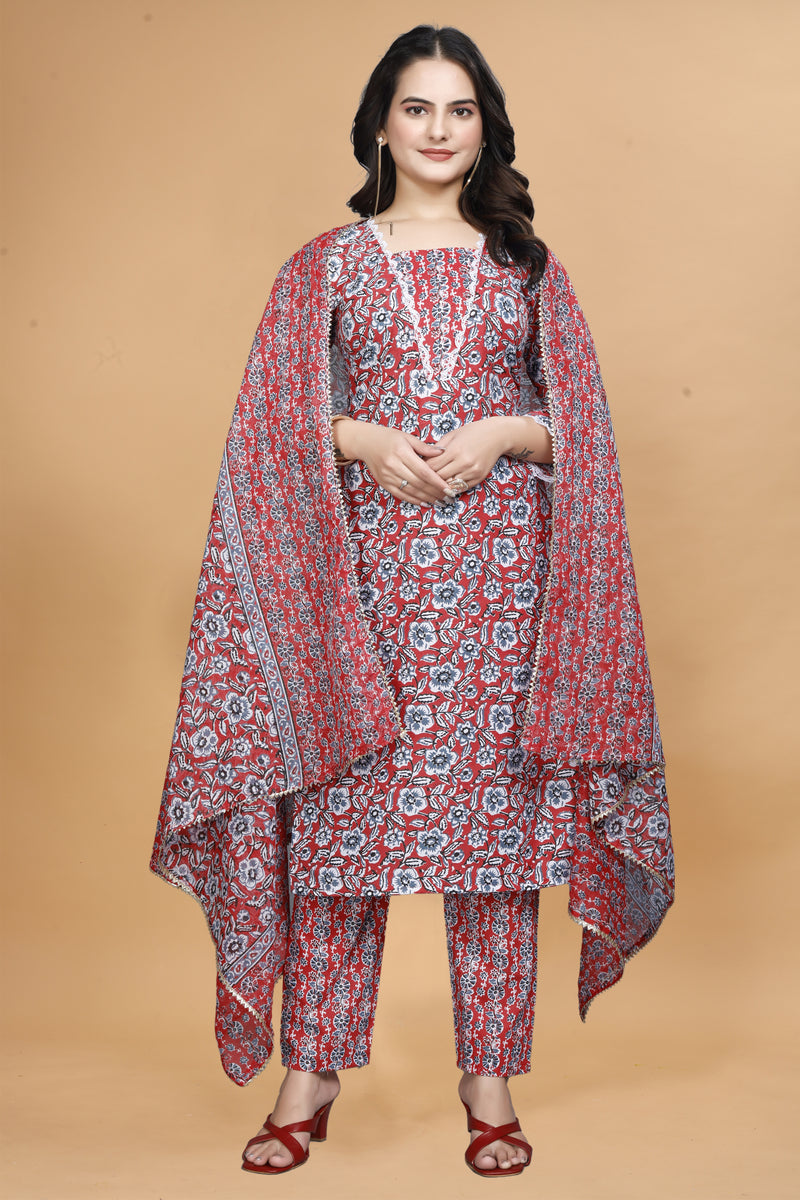 Floral Printed Notch Neck Straight Kurta With Trouser & Dupatta