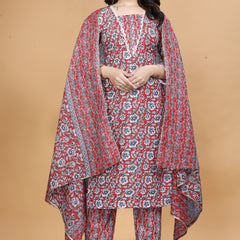 Floral Printed Notch Neck Straight Kurta With Trouser & Dupatta