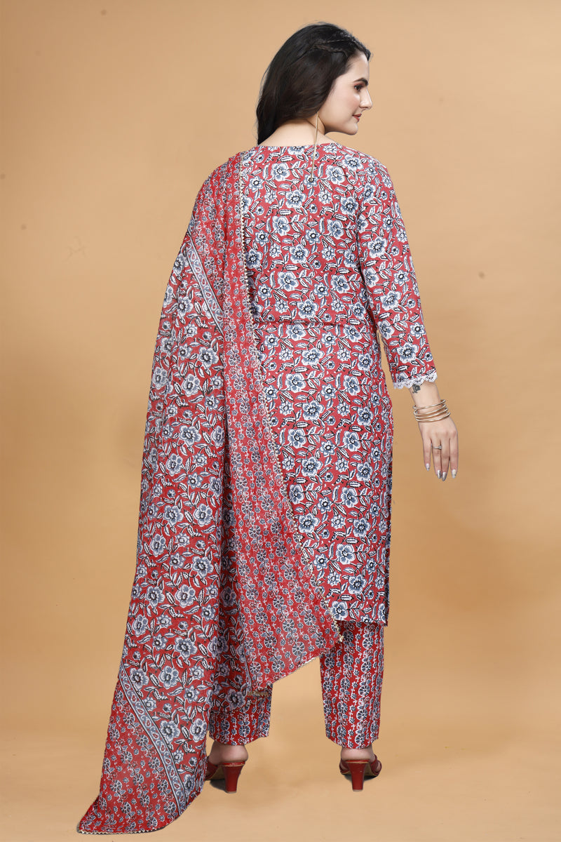 Floral Printed Notch Neck Straight Kurta With Trouser & Dupatta