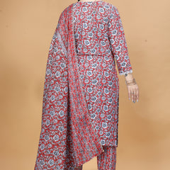 Floral Printed Notch Neck Straight Kurta With Trouser & Dupatta