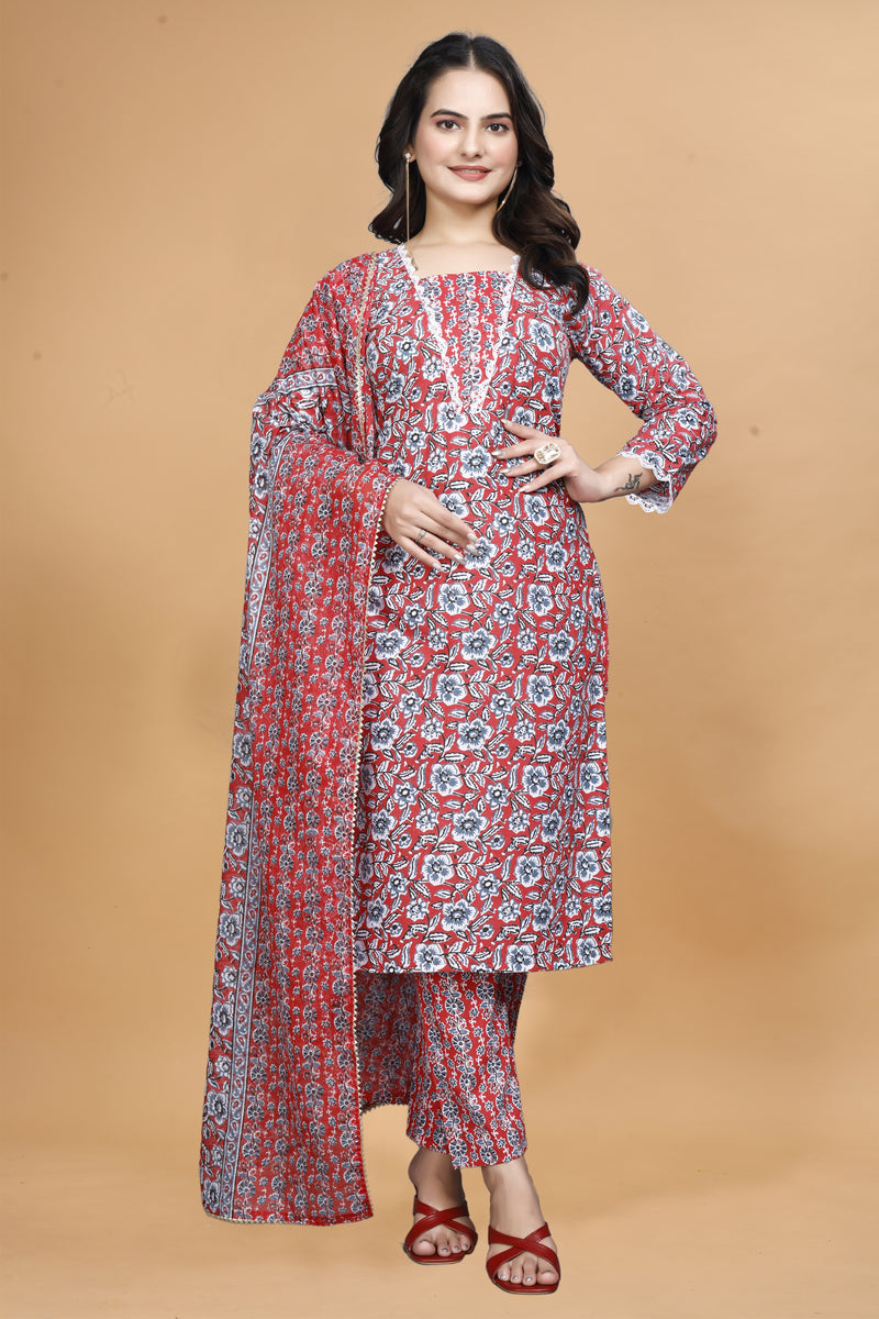 Floral Printed Notch Neck Straight Kurta With Trouser & Dupatta