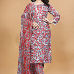 Floral Printed Notch Neck Straight Kurta With Trouser & Dupatta