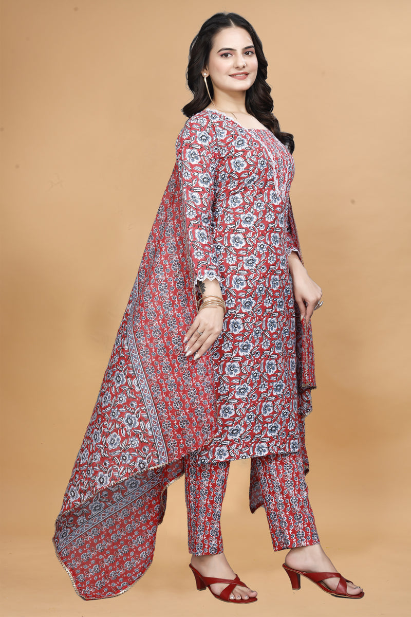 Floral Printed Notch Neck Straight Kurta With Trouser & Dupatta