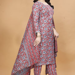 Floral Printed Notch Neck Straight Kurta With Trouser & Dupatta