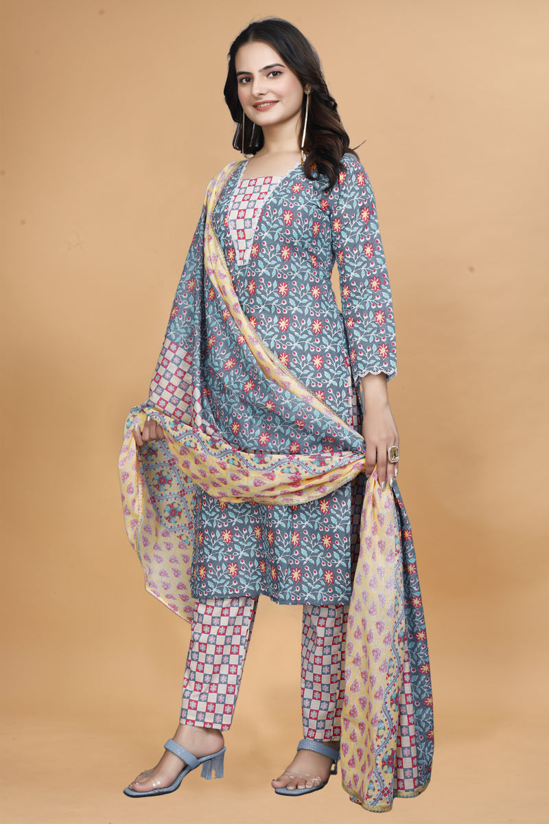 Women Cotton Blend Kurti Pant Dupatta Set/kurti set/kurta set