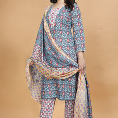 Women Cotton Blend Kurti Pant Dupatta Set/kurti set/kurta set