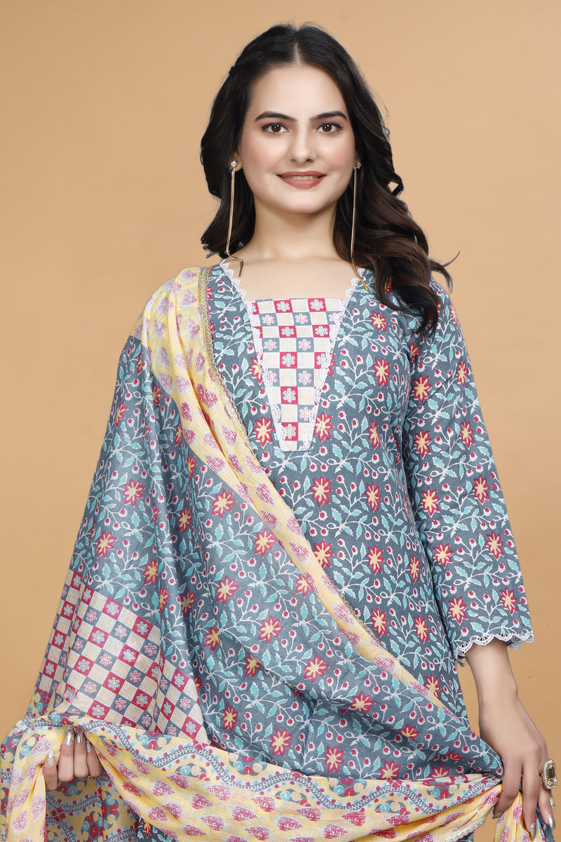 Women Cotton Blend Kurti Pant Dupatta Set/kurti set/kurta set