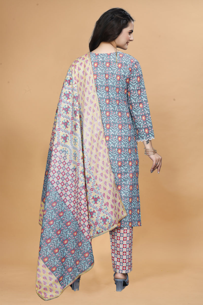 Women Cotton Blend Kurti Pant Dupatta Set/kurti set/kurta set