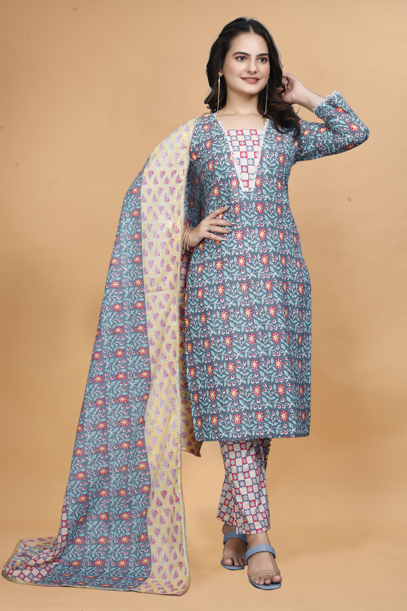 Women Cotton Blend Kurti Pant Dupatta Set/kurti set/kurta set