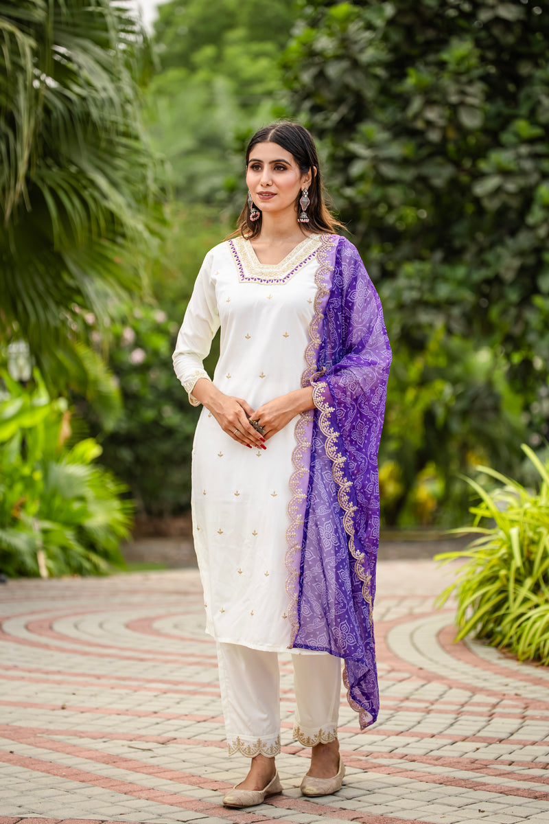 Elegant Silk Kurti Set with Embroidered Kurti, Printed Pants & Dupatta– by QueenVastra