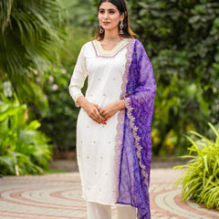 Elegant Silk Kurti Set with Embroidered Kurti, Printed Pants & Dupatta– by QueenVastra