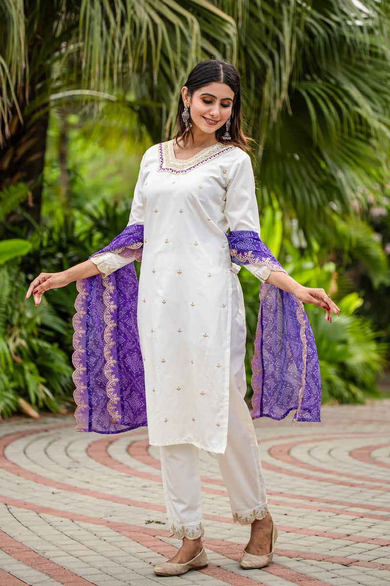 Elegant Silk Kurti Set with Embroidered Kurti, Printed Pants & Dupatta– by QueenVastra