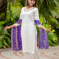Elegant Silk Kurti Set with Embroidered Kurti, Printed Pants & Dupatta– by QueenVastra