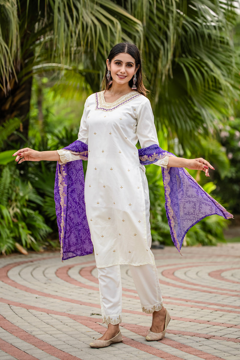 Elegant Silk Kurti Set with Embroidered Kurti, Printed Pants & Dupatta– by QueenVastra