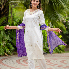 Elegant Silk Kurti Set with Embroidered Kurti, Printed Pants & Dupatta– by QueenVastra